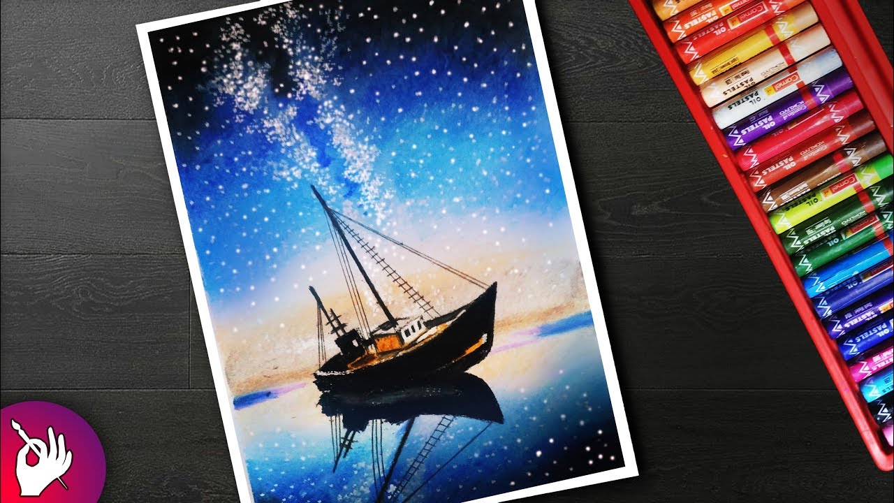 How to draw Boat landscape scenery drawing for beginners with oil pastels