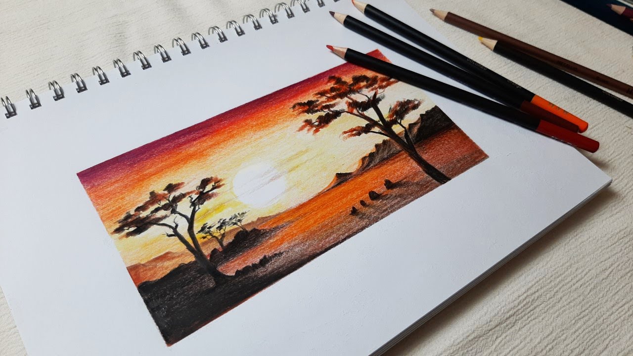 How to draw sunset with coloured pencils | time lapse video