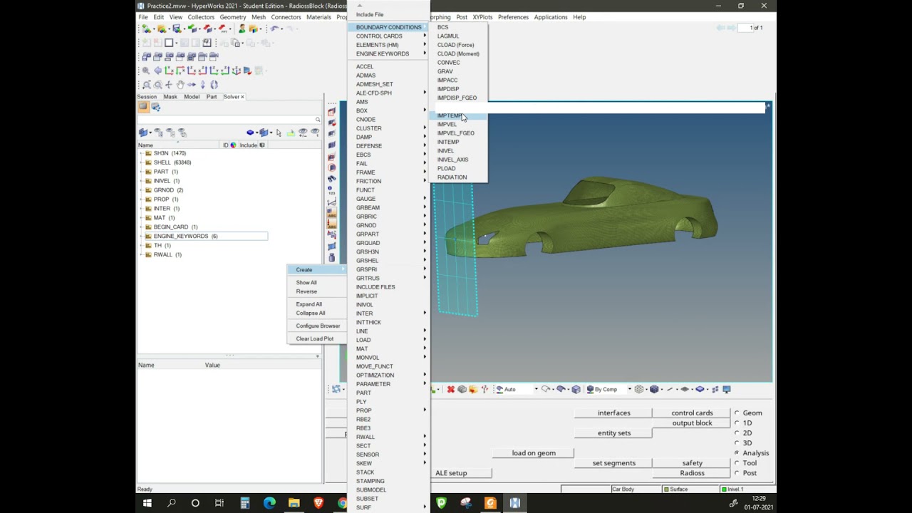 How to define Initial Velocity for Crash in Altair Radioss Hyperworks 2020/21 | BC Manager Missing