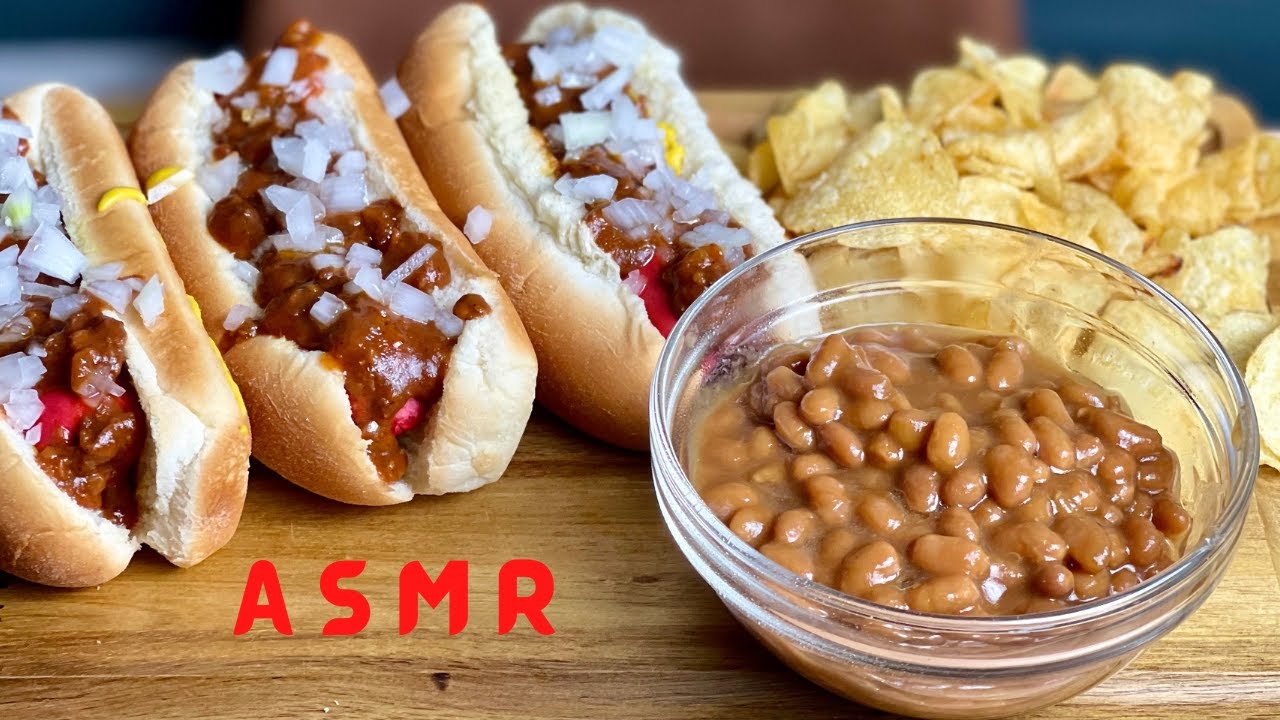 ASMR| BRIGHT LEAF HOT DOGS with BAKED BEANS + CHIPS| EATING SOUNDS|TALKING