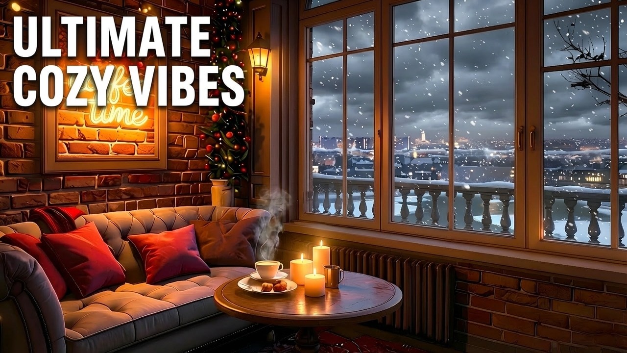 City Winter Café Ambience | Snowfall, Warm Lights & Soft Music