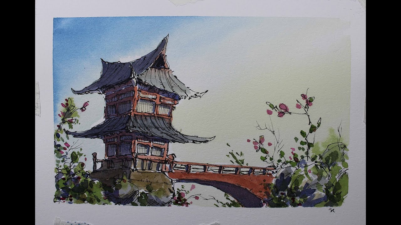 Line and Wash Oriental scene Watercolor tutorial In Real time.Nil Rocha