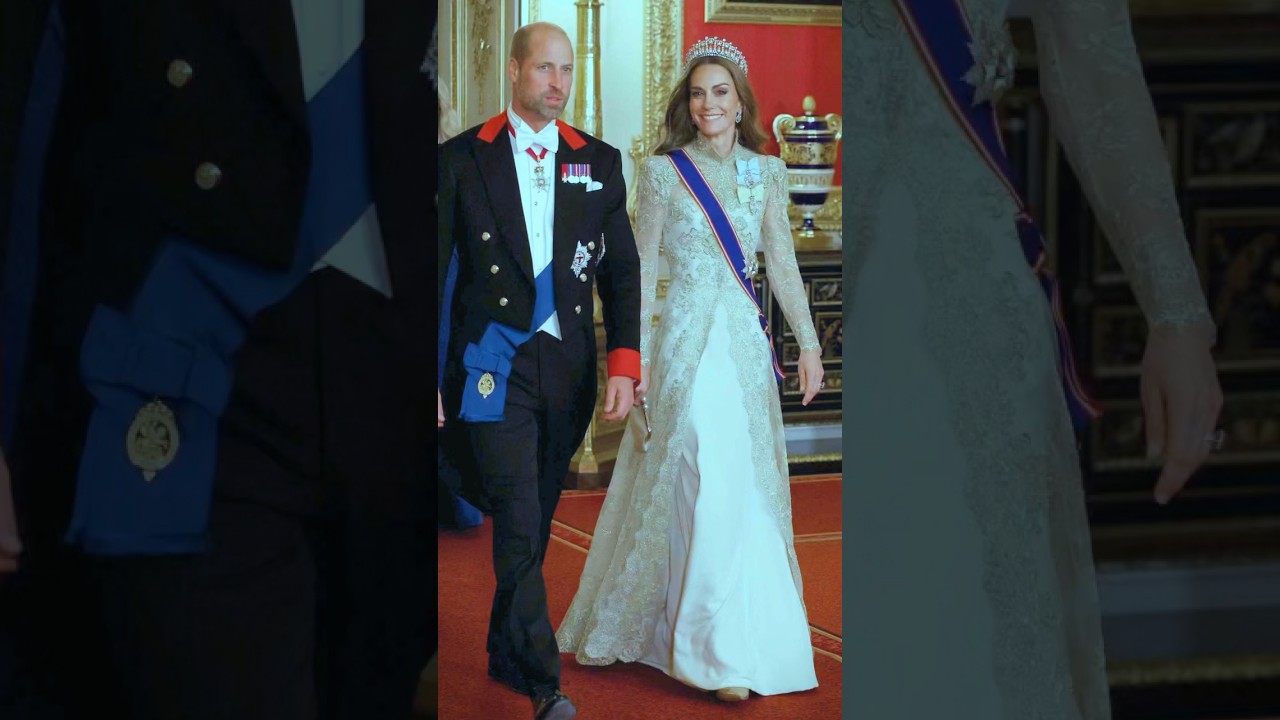 Kate in hand-embroidered gold Chantilly lace evening coat over silk crepe gown & Lover's Knot Tiara.