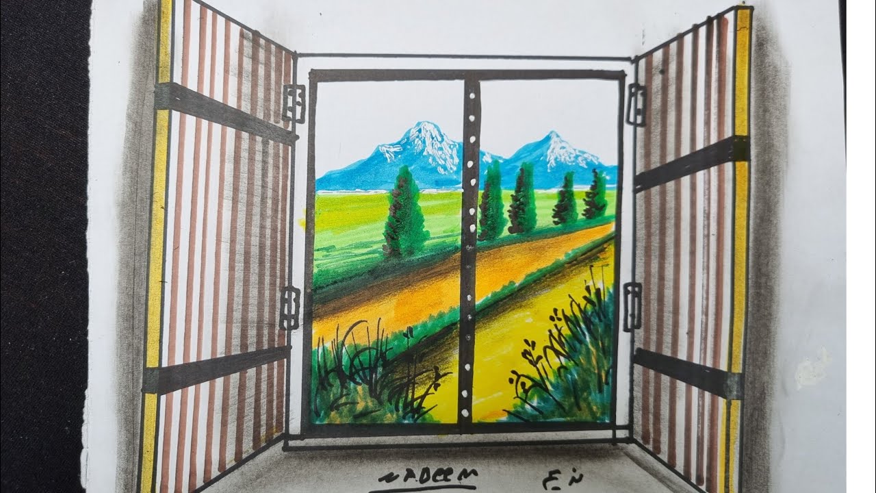 كيف ارسم شباك يطل عل منظر طبيعي
