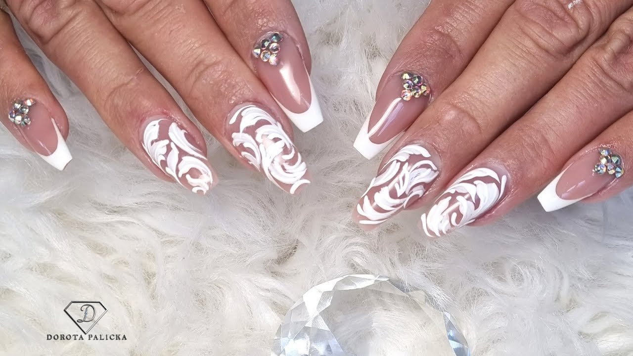 White nails with filigree nail art and French manicure. Wedding nails. French manicure step by step