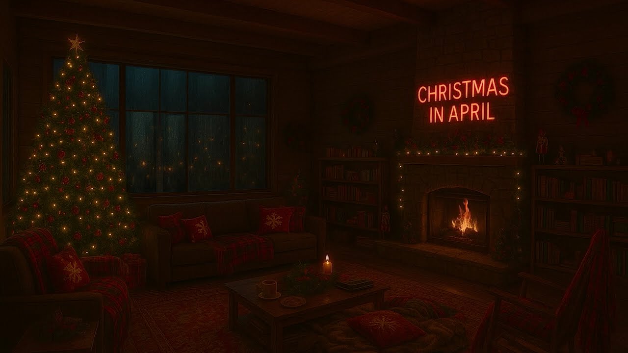 Christmas in April Noir Night Ambience | Cozy Modern Lodge, Fireplace & Light Rain Sounds (No Ads)