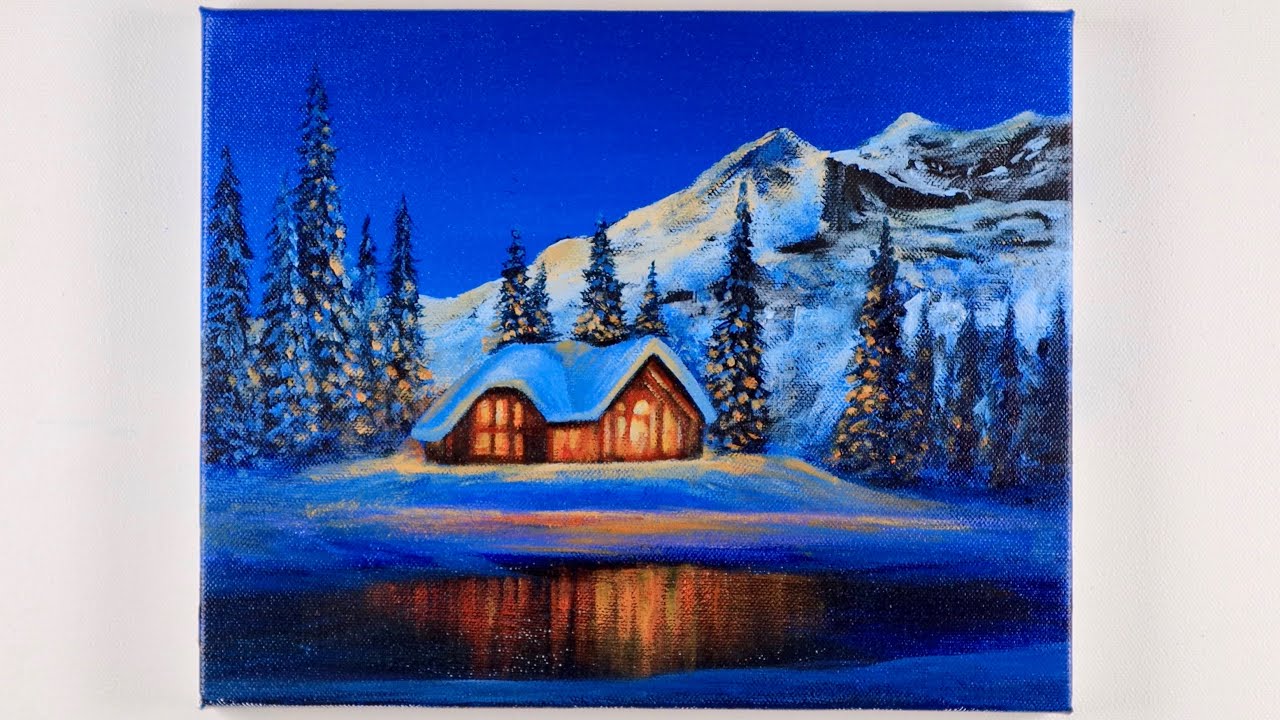Winter Scenery Painting | Snowy Winter Night Scenery | Step by Step Acrylic Painting ...