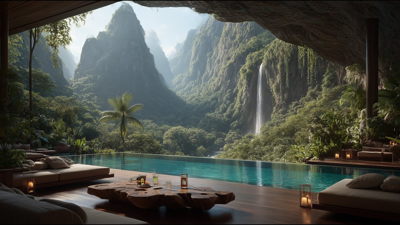 Jungle Waterfall Lounge🌿 - 10 Hours 4K Nature Sounds for Sleep, Study, Relaxation