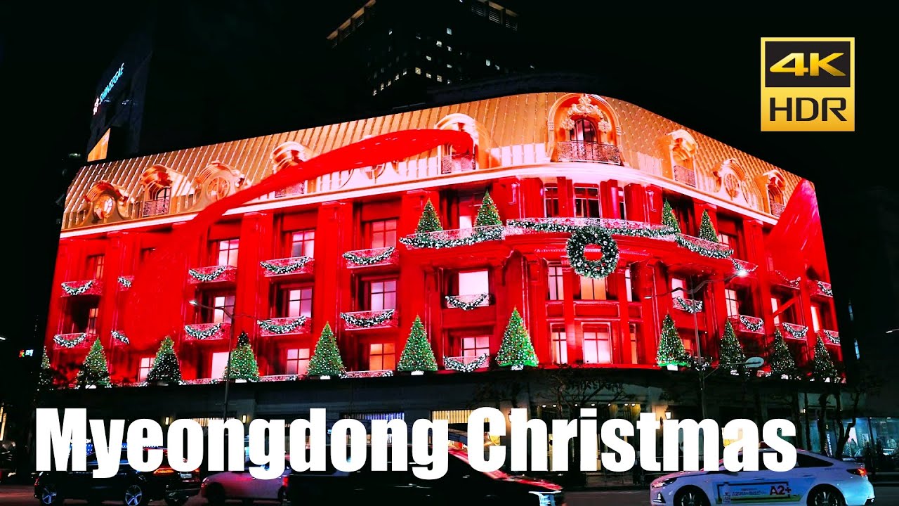Seoul Walk on Myeongdong Street & Shinsegae Department Store Christmas Lights | Korea Travel 4K HDR