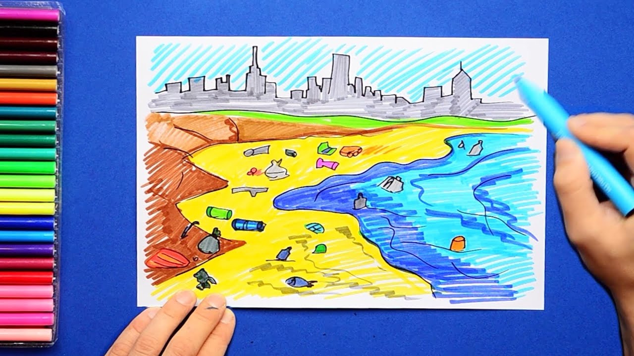 How to draw a polluted beach with plastic