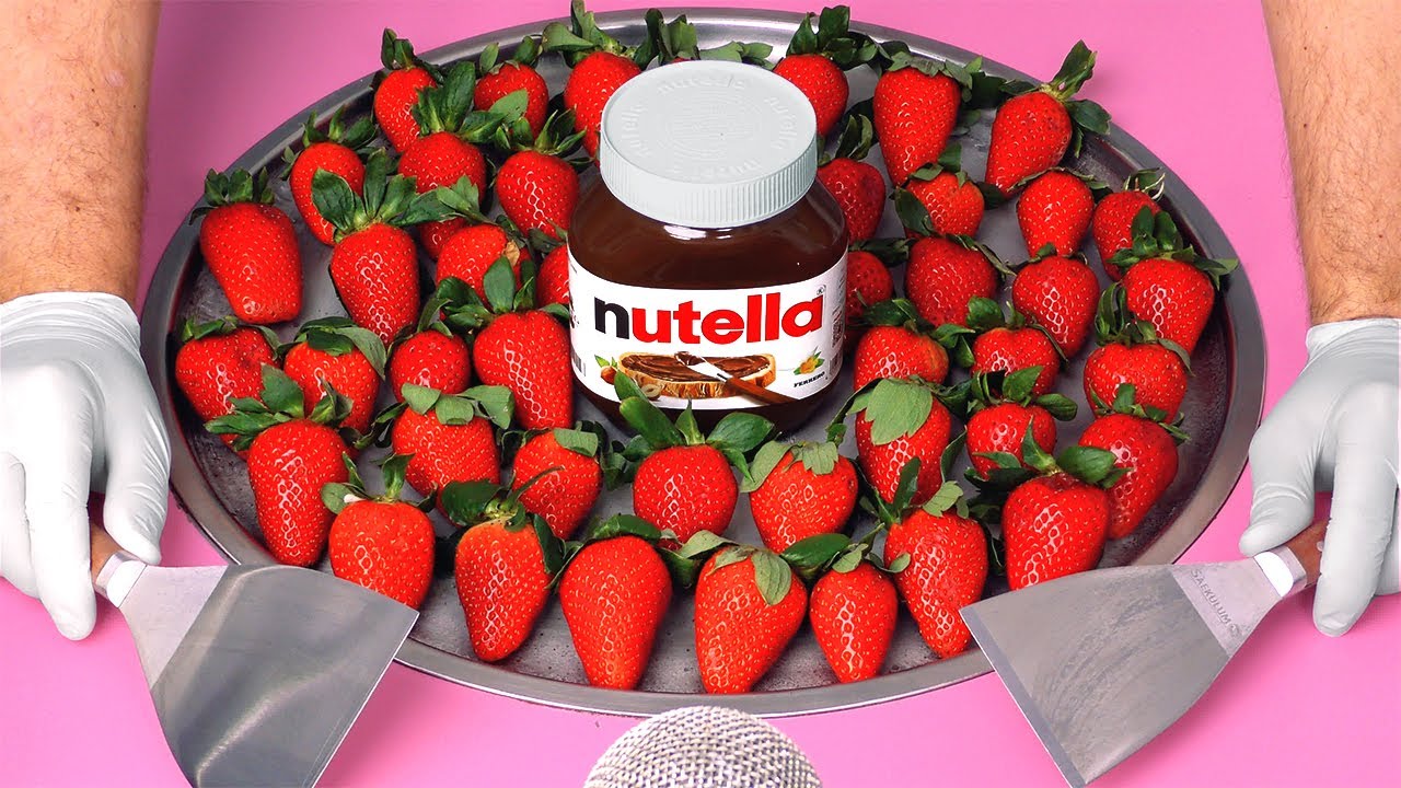 Ice Cream Challenge: Nutella & Strawberries - how to make Strawberry & Nutella Ice Cream Rolls ASMR