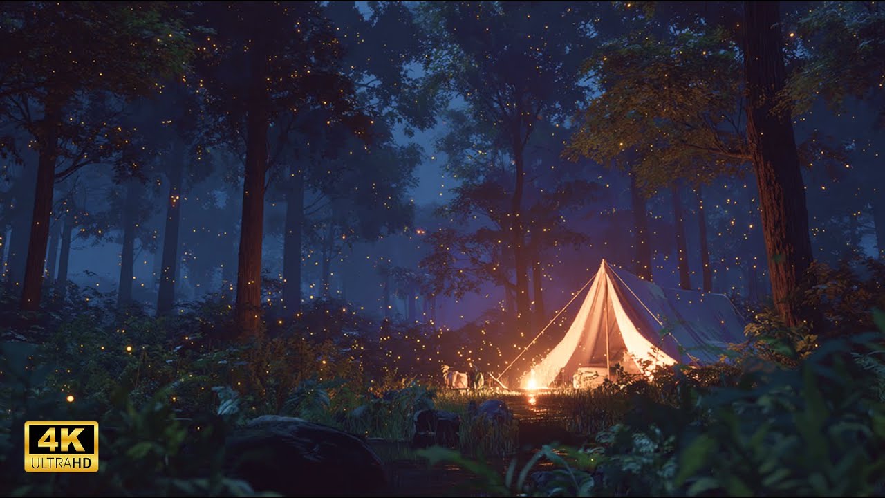 Deep Sleep Forest Ambience | Campfire Sounds & Fireflies at Night | 1 Hour | 4K