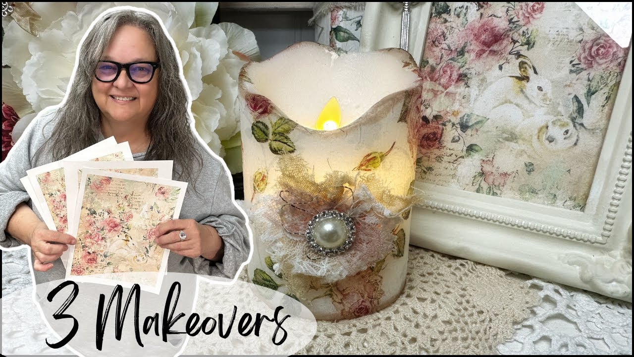 3 Makeovers | thrift store | dollar tree Decoupage a candle with a napkin #shabbychicdecor #upcycle