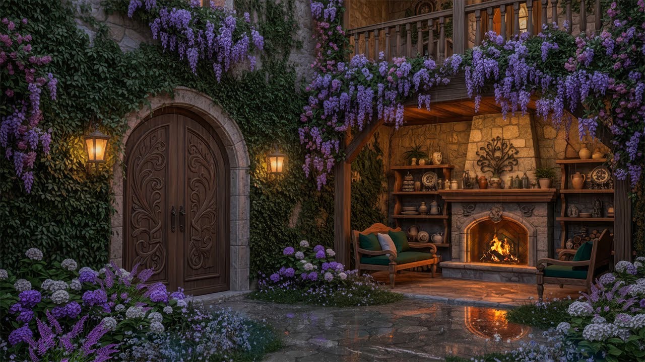🍃Tranquil SPRING Courtyard Ambience | Soft Rain & Fireplace Warmth for Deep Sleep and Clear Focus🌧️🔥