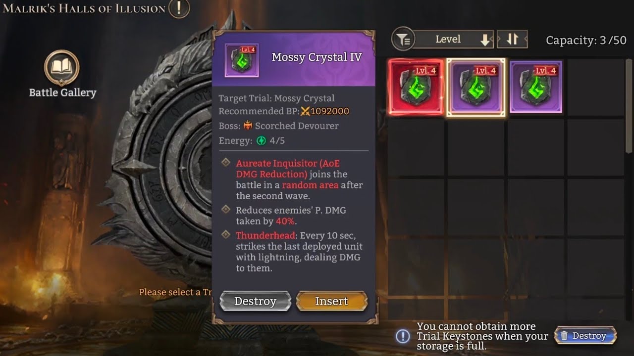 Lvl 4 Purple Mossy crystal / Scorched Devourer / Malrik's Halls of Illusion / Watcher of Realms