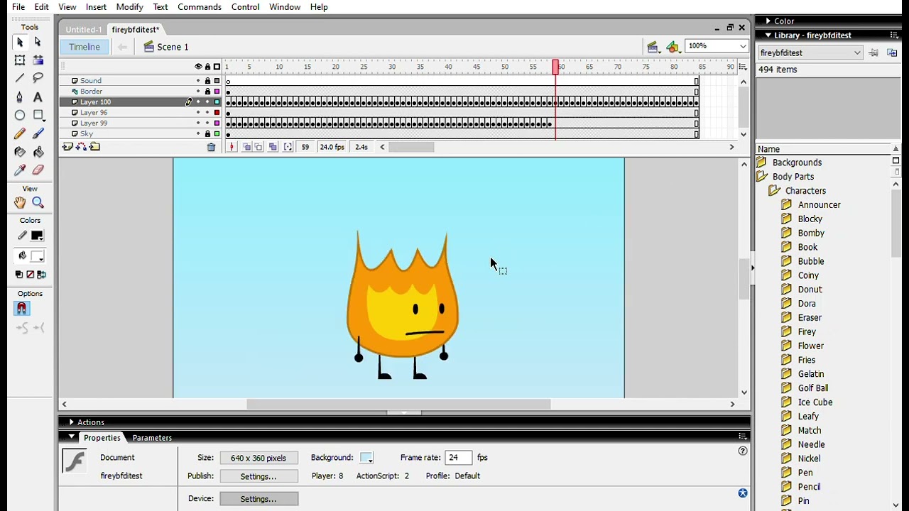 Macromedia flash 8 professional BFDI Firey test