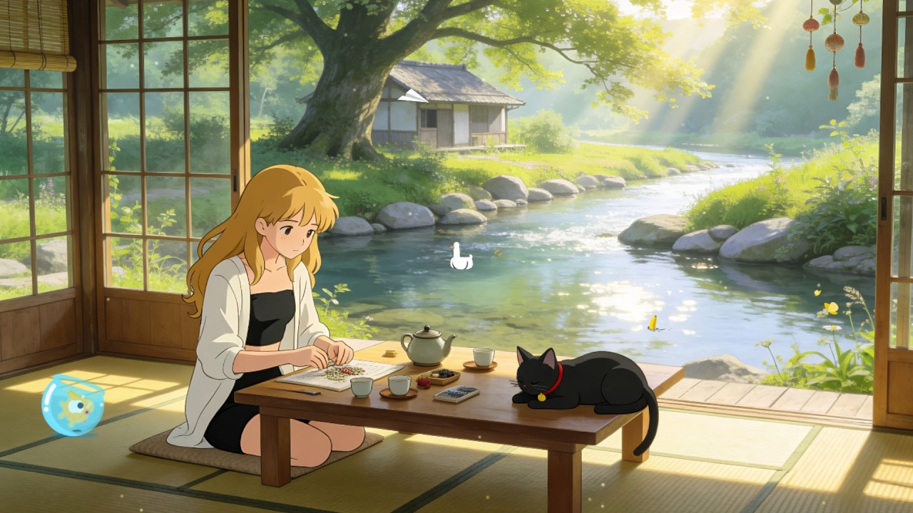 Morning Tea by the River 🍵 Traditional Japanese Lofi Jazz Cat 🌿 Relaxing Beats to Start Your Day