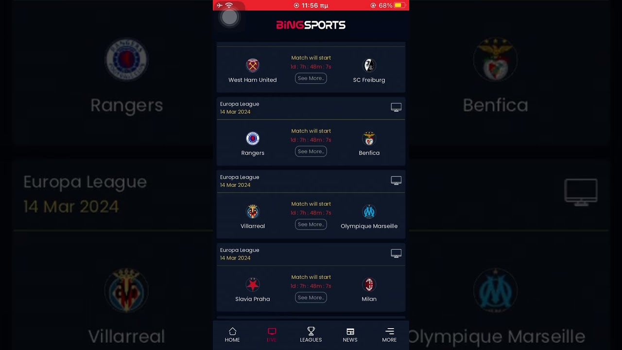 BiNGSPORTS app for live streaming Football matches on Iphone
