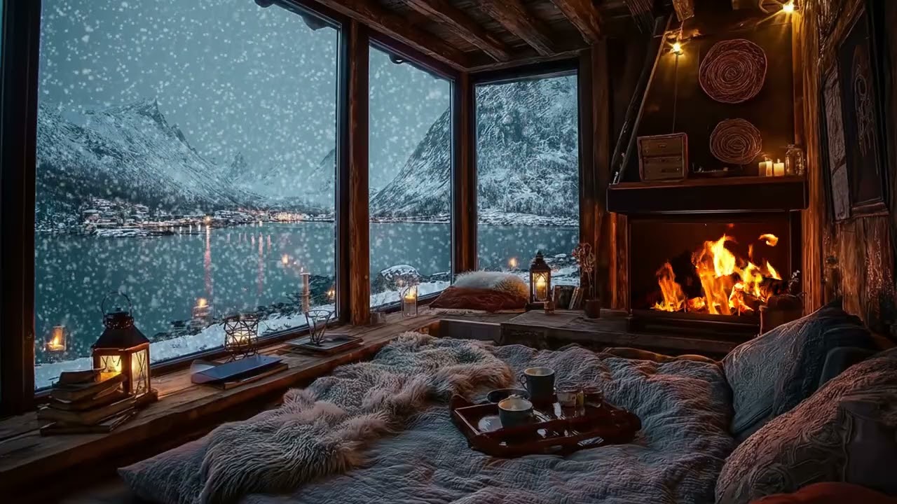 Quiet Snowstorm Night in a Rustic Mountain Cabin with Cozy Fireplace for Deep Sleep & Stress Relief