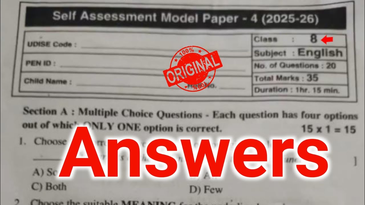 Ap 8th class English self assessment model paper 4 answer key 2026|8th English fa4 paper 2026 answer