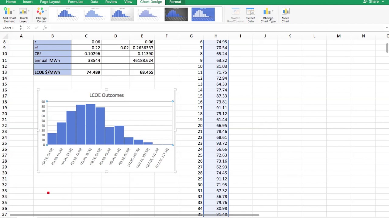 LCOE and Monte Carlo Simulation in Excel 2016