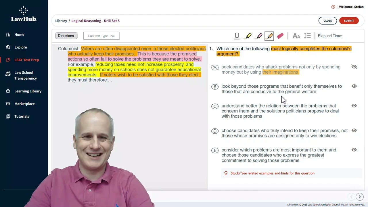 How to Complete a LSAT Argument Using the Highlight tools from LawHub Logical Reasoning Drill Set 5