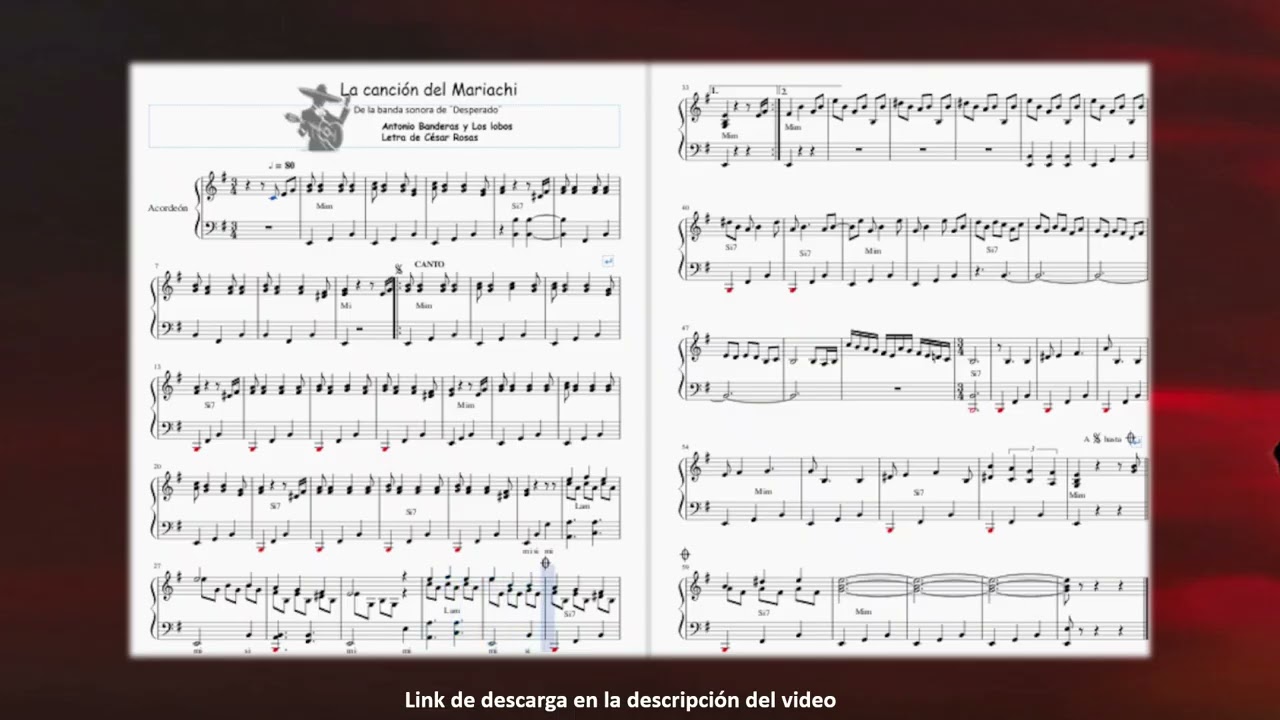 La cancion del mariachi. Partitura para acordeón.