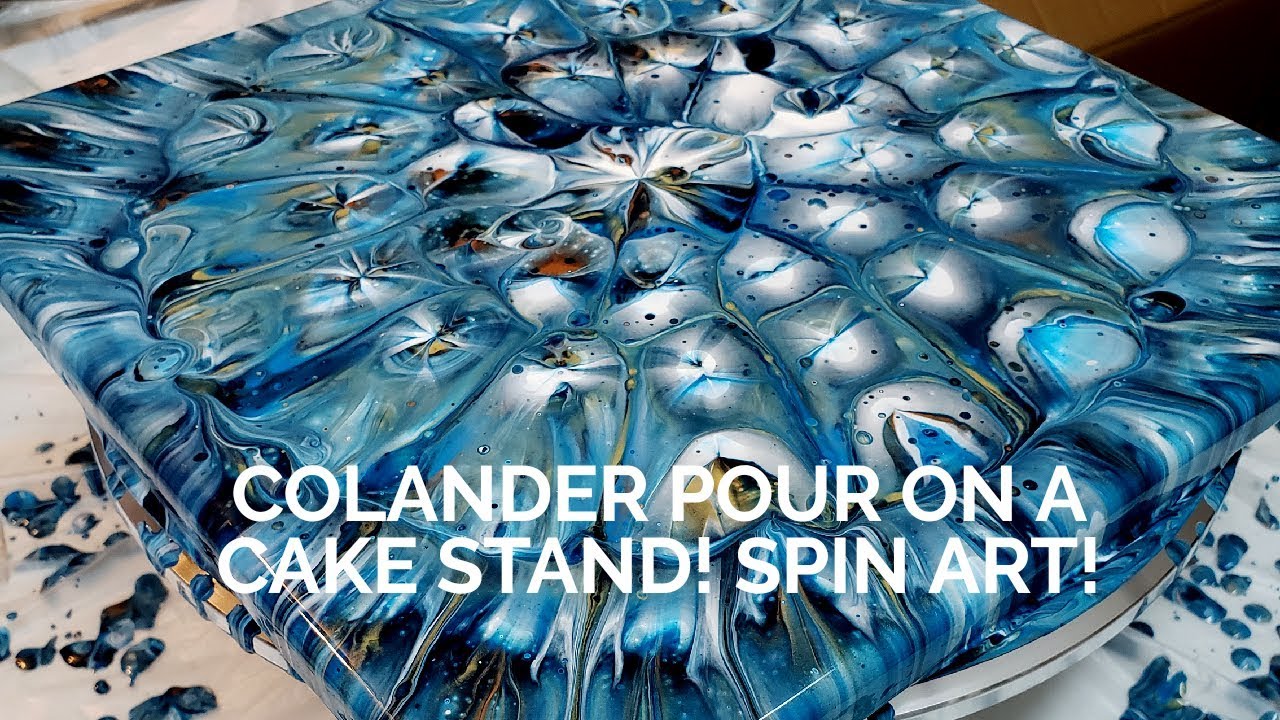 Kaleidoscope colander pour on a spinner! Acrylic pouring, acrylic paint, fluid art on a cake stand