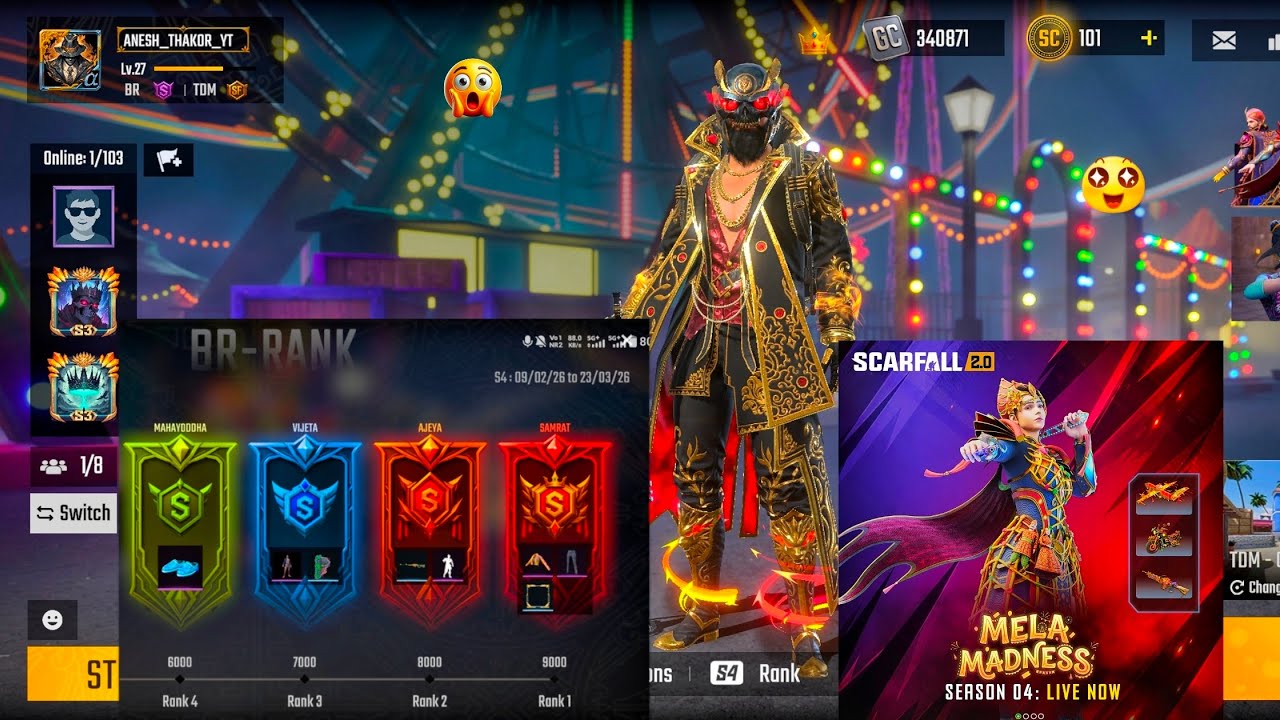 Scarfall 2.0 New Season 4 BR & TDM Rank Start Gameplay 🥷 & Mela Madness Scarpass 🥳 ( 11.02.2026 )