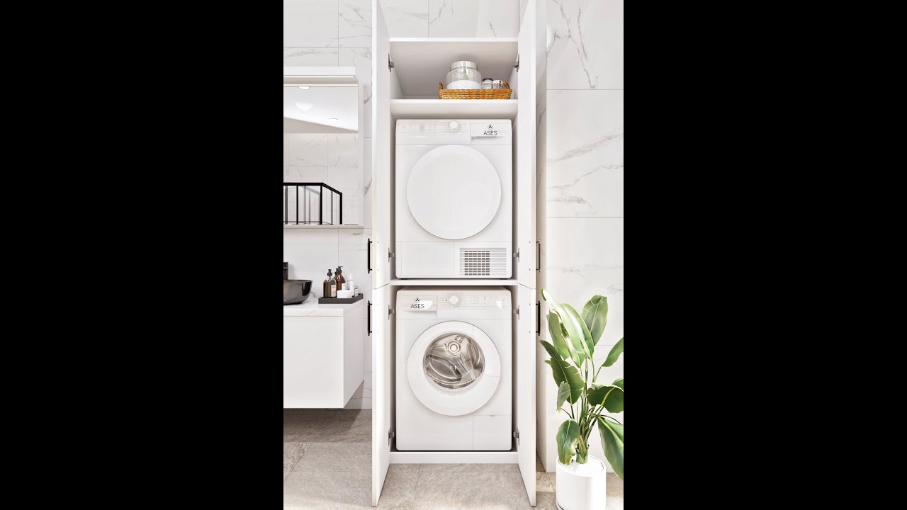 ASES Mobilya Esl0212 Çamaşır Makinası ve Kurutma Makinası Banyo Dolabı Beyaz
