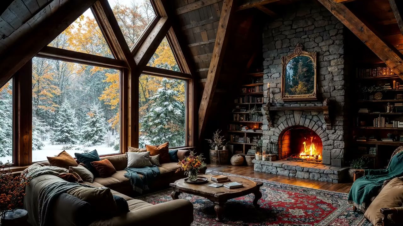 Cozy Cabin Ambience & Snow Forest View | Fireplace & Snowfall Sounds for Deep Rest & Inner Balance