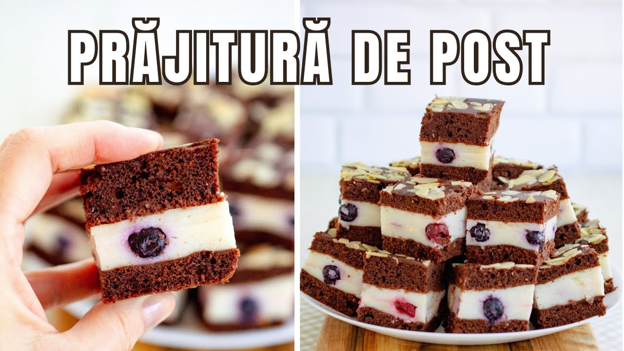 Prăjitură de post în două culori - blaturi pufoase cu cacao și cremă de griș cu lapte vegetal