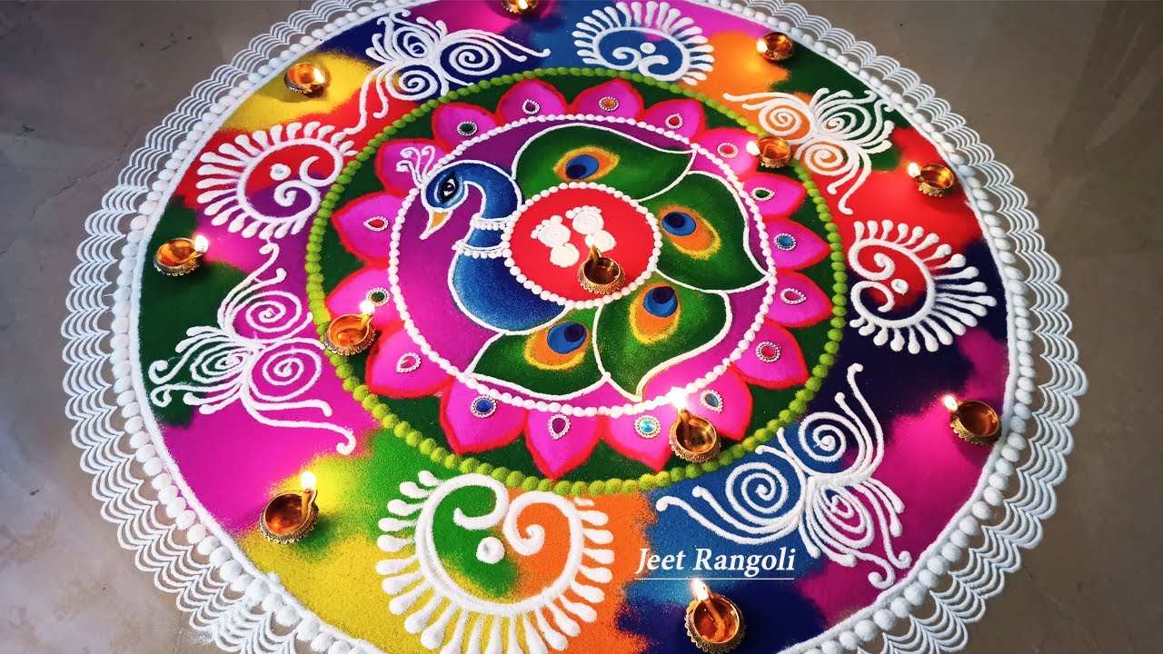 Big, multicolour sanskarbharti rangoli with peacock. Deepawali rangoli 2021