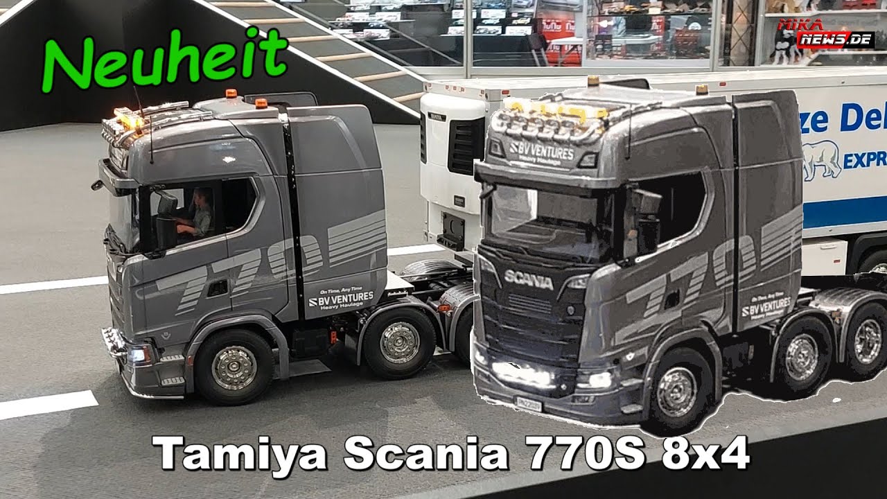 Spielwarenmesse - Tamiya Scania 770S 8x4 4 Schwerlastzugmaschine mit Fahrtest - Kuppeln