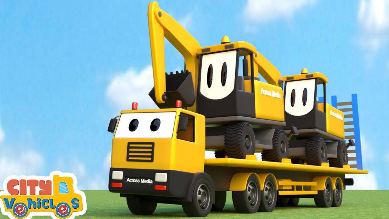 Crane truck help other vehicles — Dump truck, Excavator, Cement Mixer and Crane truck — for Kids.