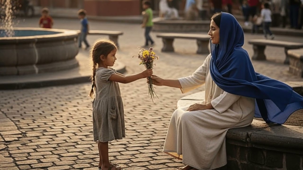 Una niña regaló flores a una desconocida en la plaza… y descubrió que era la Virgen María en persona