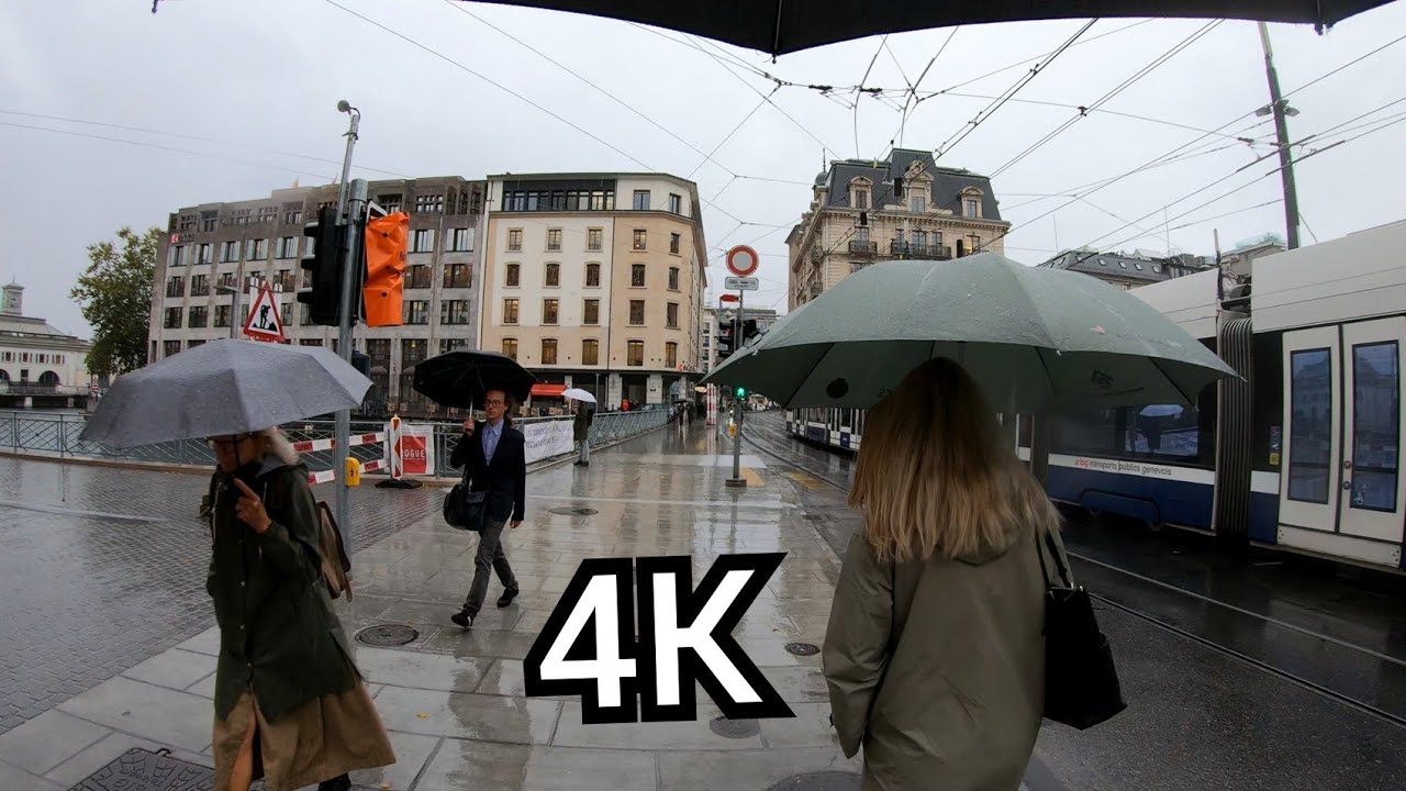 ⁴ᴷ 🇨🇭 GENEVA walking in the rain 🌧️ Streets and shops, Switzerland 4K