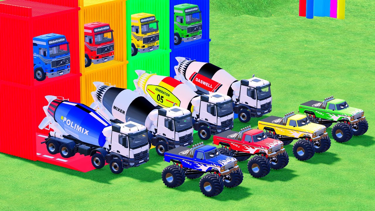 Garage with Colors - ALL MIXER TRUCK WITH DOUBLE FLATBED TRAILER TRUCK, VOLVO, PETERBILT, KOMATSU