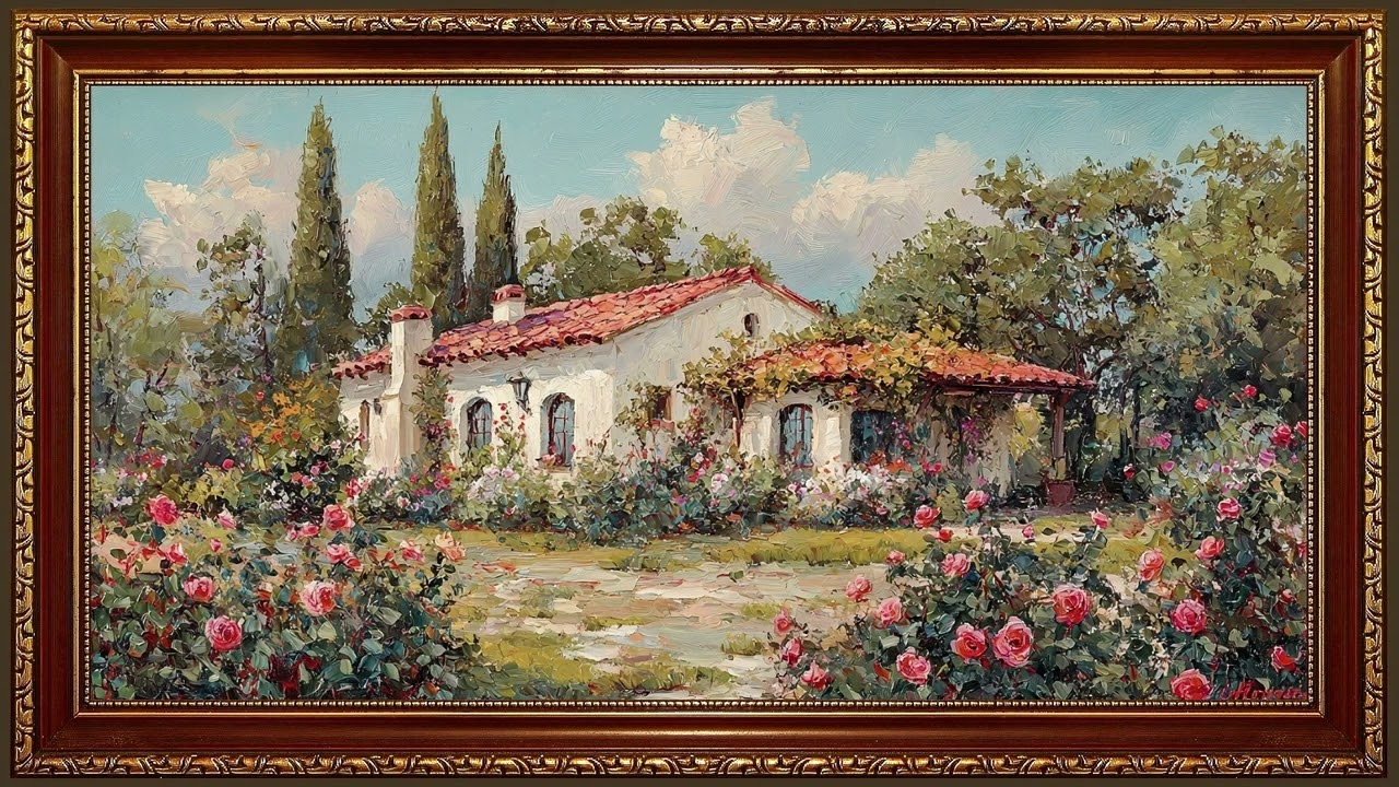 Rose Garden Ancestral Home 4K | Rustic Vintage Oil Painting Gold Frame TV Art Screensaver
