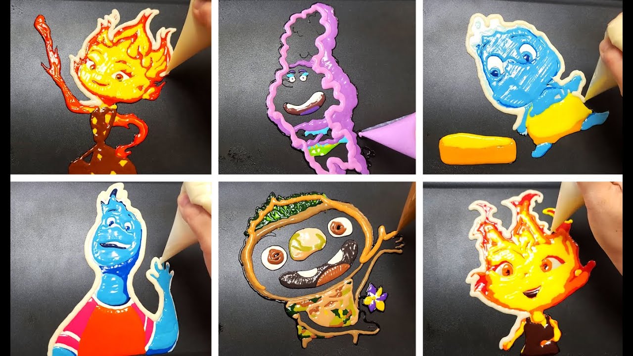 Making Elemental : Ember, Wade, Gale, Clod, pancake art challenge (Movie Elemental)