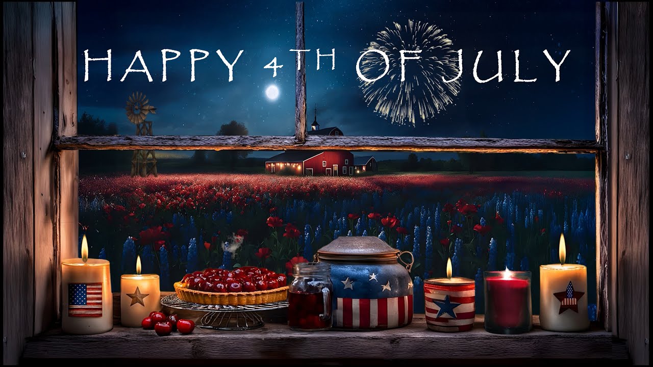 🇺🇸4th OF JULY FIREWORKS AMBIENCE- RUSTIC FARM WINDOW🕯️-SUMMER TIME CRICKETS-CHERRY PIE 🥧- WINDMILL