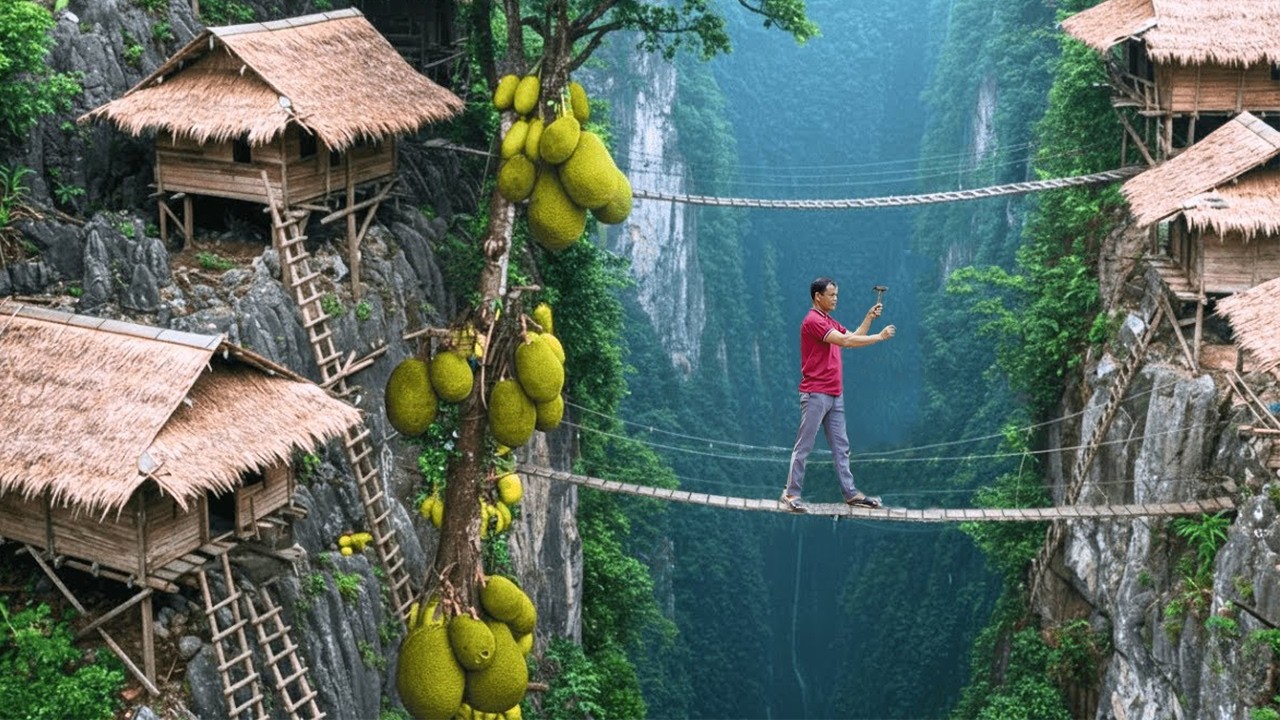Survival Build Cliffside Jungle Village | Rope Bridge Living Between Mountains