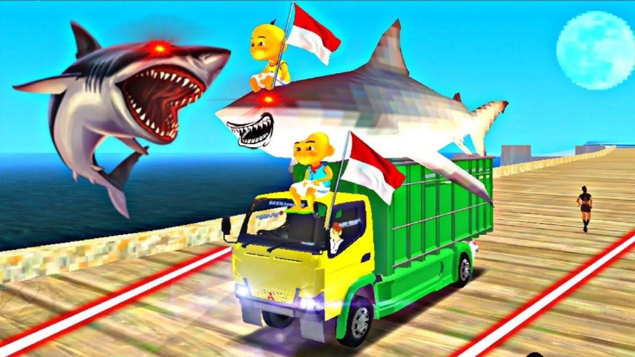 Upin dan ipin ketemu ikan hiu raksasa dan di angkut pake mobil truk keren