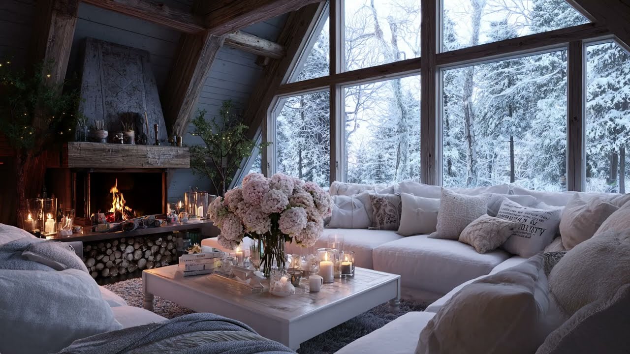 Crackling Fireplace in a Snowy Cabin: Relaxing Piano Music for a Warm and Cozy Atmosphere