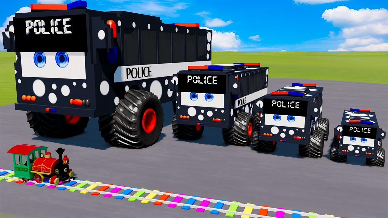 Big & Small Police Bus Lightning McQueen VS Train | BeamNG.drive