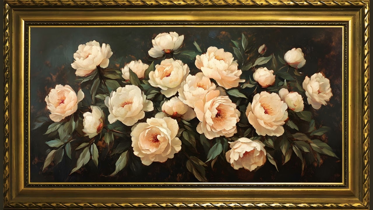 Peach Roses Garden, Vintage Oil Painting 4K | Gold Framed Art Screensaver for TV