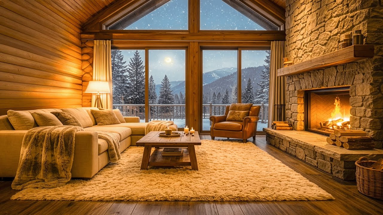 Gentle Piano & Crackling Fireplace | Moonlit Premium Alpine Cabin Ambience for Deep Calm