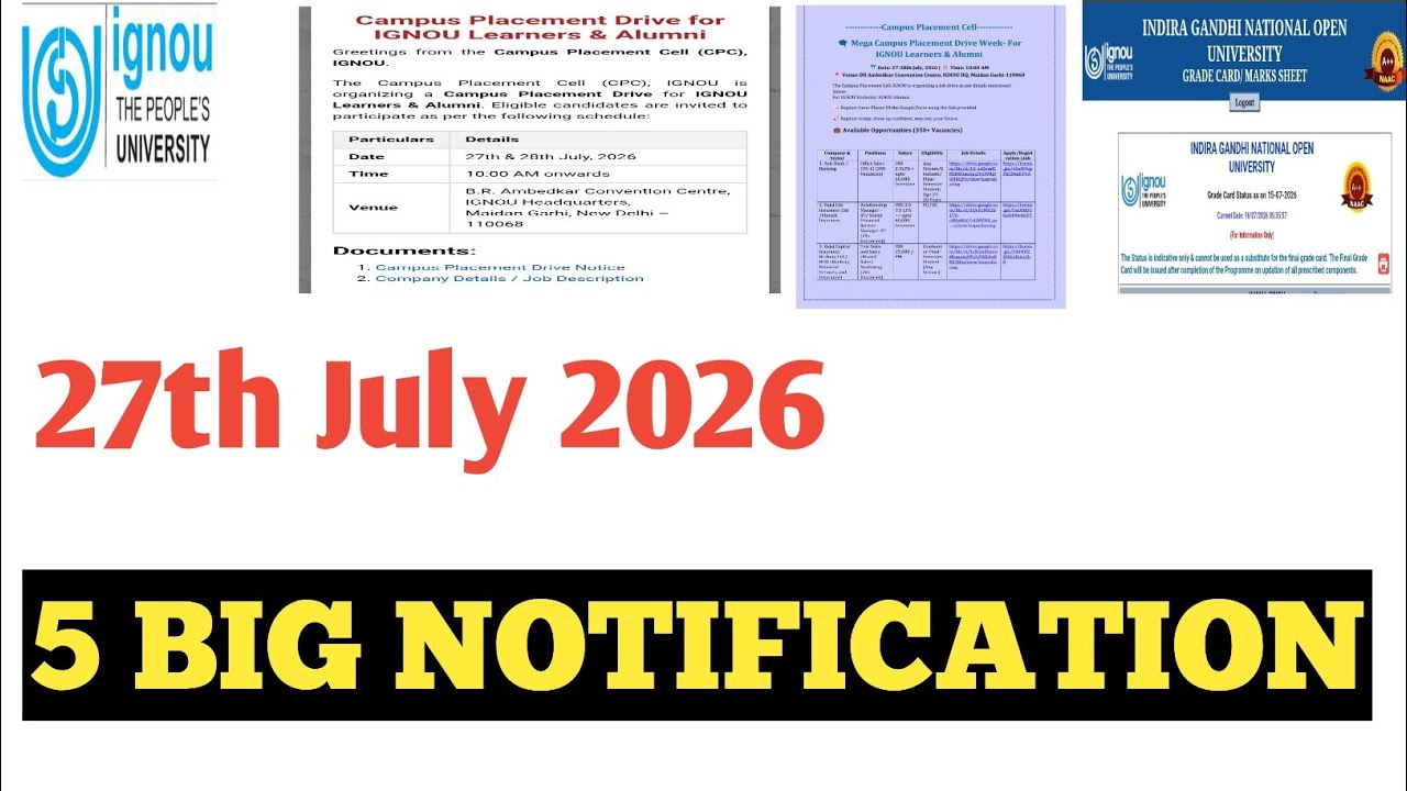 IGNOU JULY 27, 2026 BIG UPDATES: JOBS, RESULTS, PRACTICALS