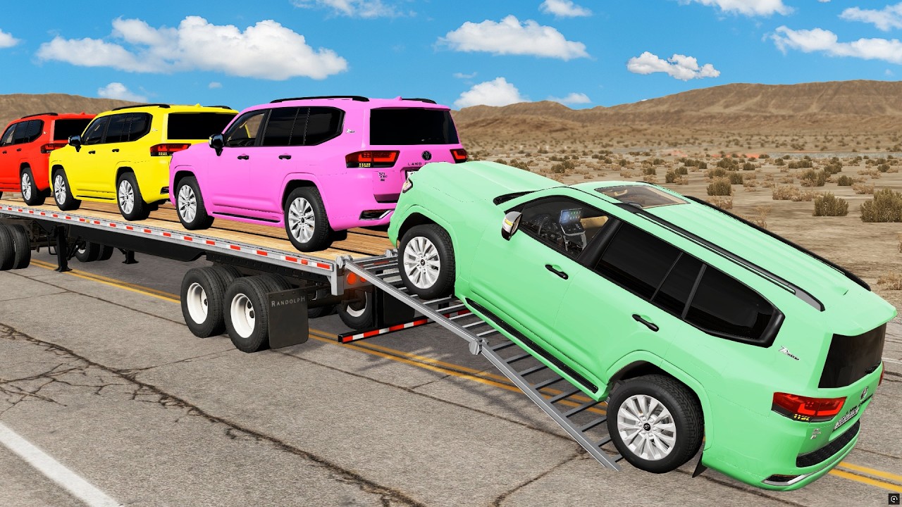Triple Flatbed Trailer McQueen Transportation with Truck - Speedbumps vs Cars vs Train - BeamNG #06