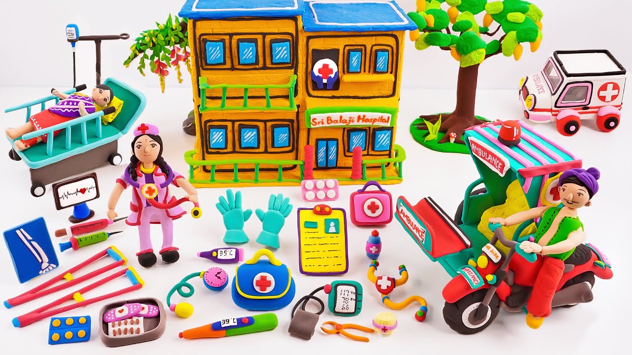 DIY How To Make Polymer Clay Miniature Hospital, Doctoer Set, Bike Ambulance, Stretcher |Mixing Clay
